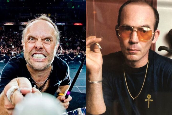 en foto divida a la izquierda el rostro de lars ulrich durante un show y a la derecha hunter s thomsson