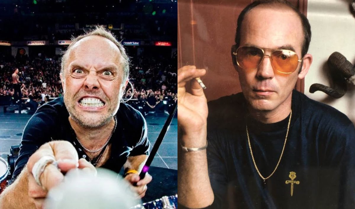 en foto divida a la izquierda el rostro de lars ulrich durante un show y a la derecha hunter s thomsson