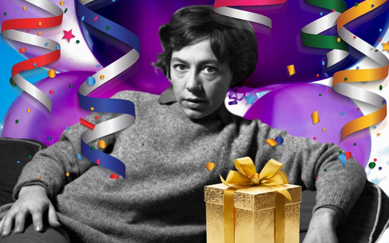 Alejandra Pizarnik Rodeada de elementos de celebración y cumpleaños