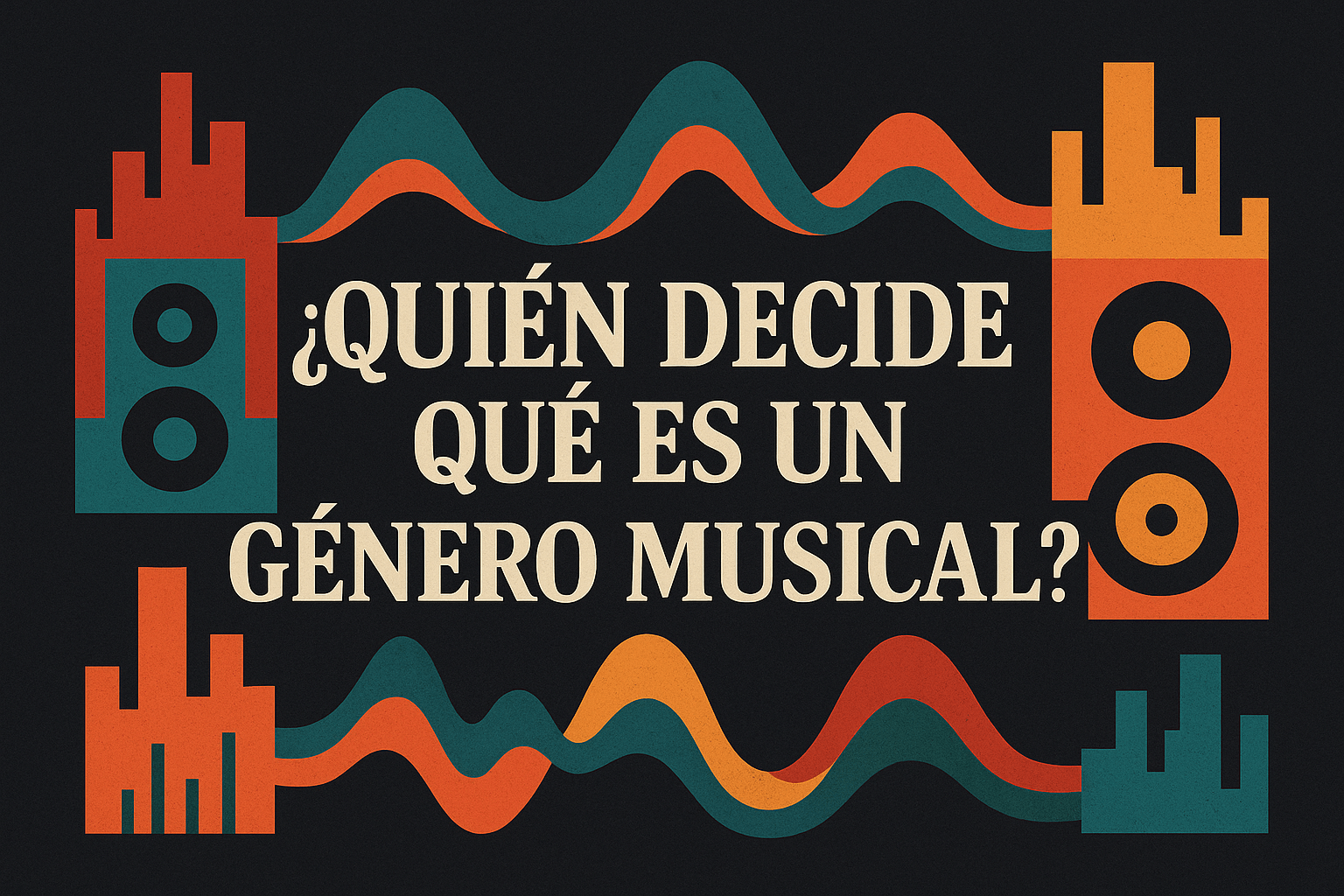 en la imagen dice "quién decide lo que es un genero musical" acompañado de parlantes de colores y ondas y siluetas de ciudades