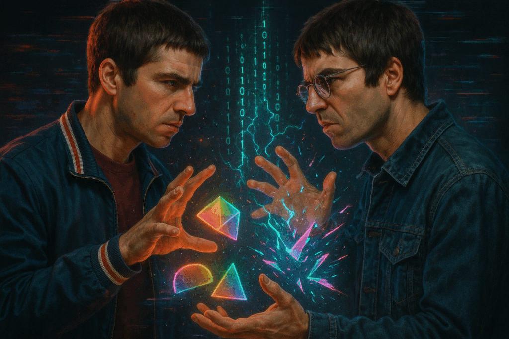 Dos hombres idénticos enfrentados inspirados en los retratos de ls hermanos gallagher, con gestos intensos y manos extendidas, generan figuras geométricas y destellos digitales de colores brillantes, simbolizando un duelo tecnológico de la inteligencia artificial
