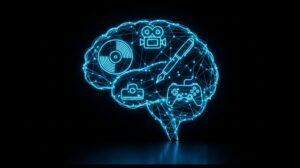 Ilustración digital minimalista de una red neuronal brillante en forma de cerebro con líneas de neón azul sobre un fondo negro profundo. Íconos culturales como un disco de vinilo, una cámara de cine, una pluma fuente y un controlador de videojuegos se fusionan sutilmente con la red
