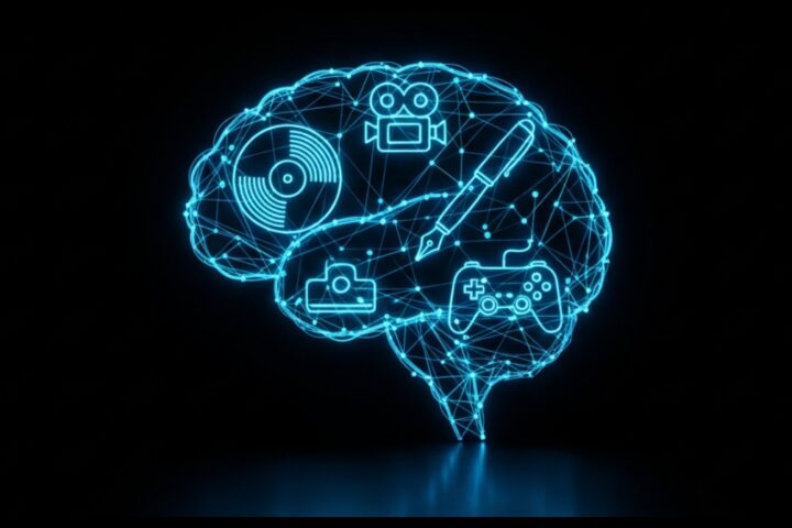 Ilustración digital minimalista de una red neuronal brillante en forma de cerebro con líneas de neón azul sobre un fondo negro profundo. Íconos culturales como un disco de vinilo, una cámara de cine, una pluma fuente y un controlador de videojuegos se fusionan sutilmente con la red