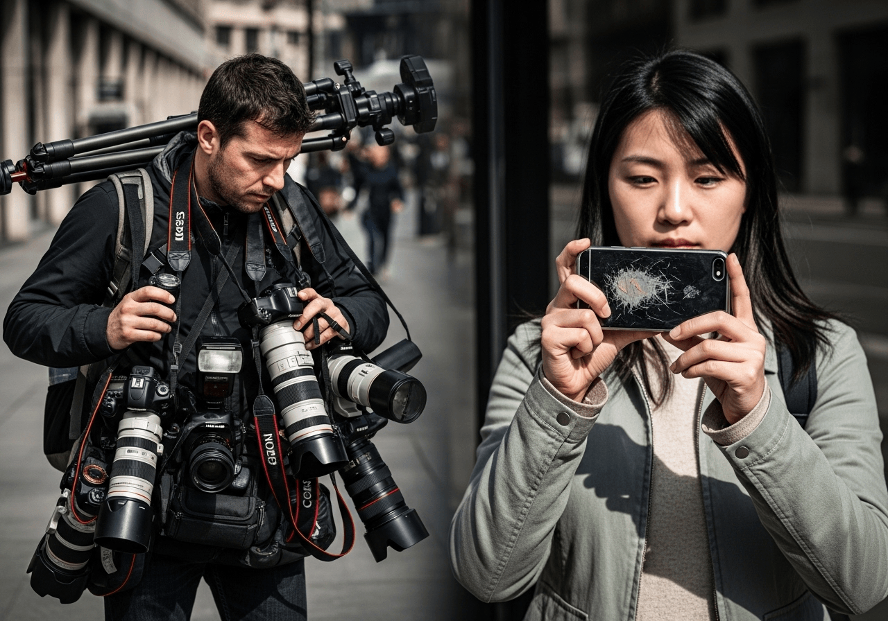 A powerful street photography style image contrasting two photographers: on one side, a man overloaded with expensive professional camera gear — multiple lenses hanging, a heavy tripod, straps and gadgets tangled around him — looking busy, distracted, and technically obsessed, in the middle of a busy modern city. On the other side, a young woman with a scratched smartphone calmly captures a fleeting, poetic moment: a child’s spontaneous laughter, a stray dog mid-run, or a striking shadow on the wall. The focus is on her — sharp, alive, capturing the essence of the moment — while the man, although full of equipment, looks complicated and disconnected from the scene. High contrast, documentary realism, urban textures, cinematic atmosphere. No text, just raw visual storytelling that highlights the paradox of technology versus vision.