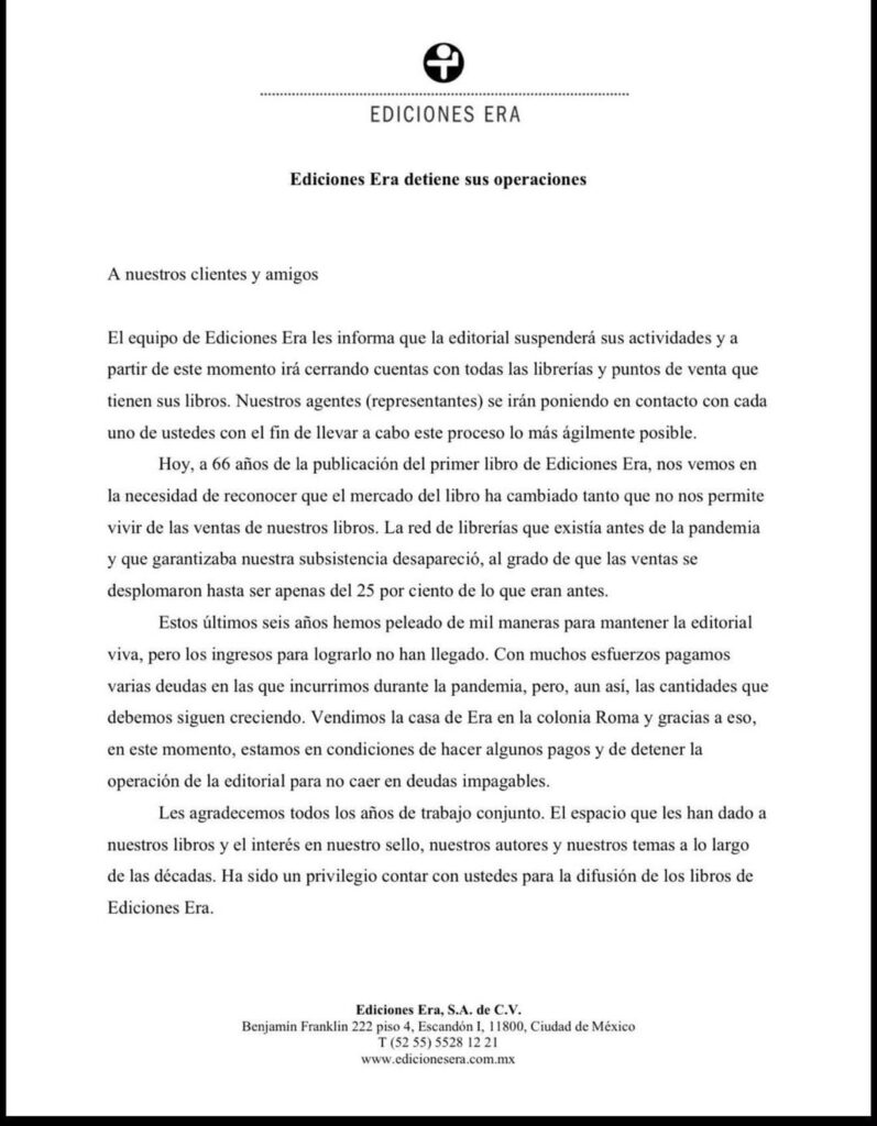 El puente que Ediciones Era dejó de mirar 1 carta de cierre de ediciones era mexico